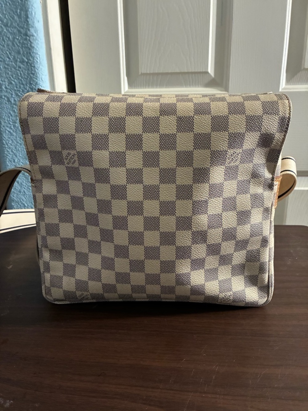 Checked Canvas Crossbody Messenger Bag in Beige and Brown
